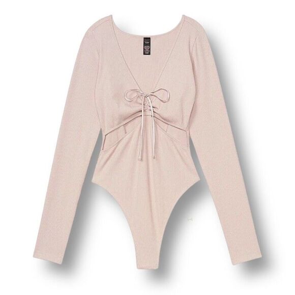 Victoria’s Secret M Mauve Ribbed Bodysuit Long Sleeve Tie Front Cutout Knit - Picture 9 of 10